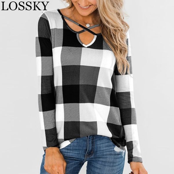 

women black white plaid print basic criss cross v neck blouse casual autumn long sleeve shirts fall pullover korean blusas 210520