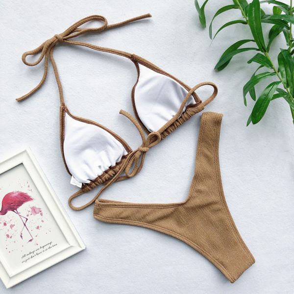 

low waist bandage swimsuit bikinis women swimwear gold shiny triangle brazilian bottom bikini set bathing suitsby air