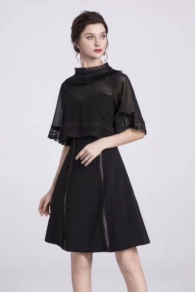 

capris one piece 2021 summer party events women stand neck ruffle lace patchwork half sleeve slim fitted a-line large 3xl, Black;gray