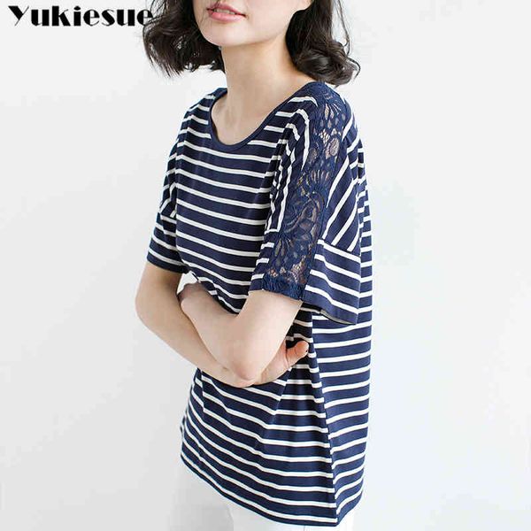 

short sleeve t shirt female women's lace hollow out striped tshirt cotton summer tee lady basic plus size 210518, White