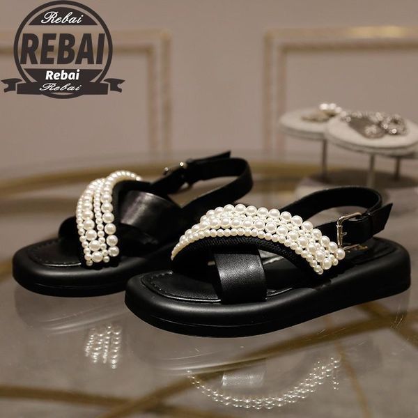 

sandals woman sandalias footwear 2021 korea style fashion pearl beach female rome sandal platform buckle summer shoes, Black