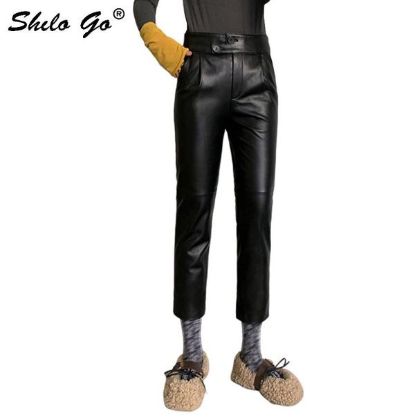 

women's pants & capris leather office lady single button detail sheepskin straight trousers women autumn casual minimalist high waist f, Black;white