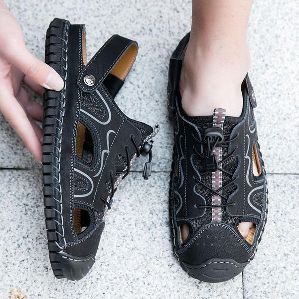 

slippers summer breathable men running shoe sandals leather big size shoes for fashion 2021 zapatillas verano man casual, Black