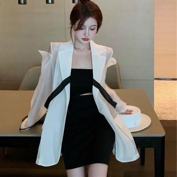 

women's jackets loose sunscreen shirt coat summer thin color contrast suit collar off shoulder design medium long sleeve top, Black;brown