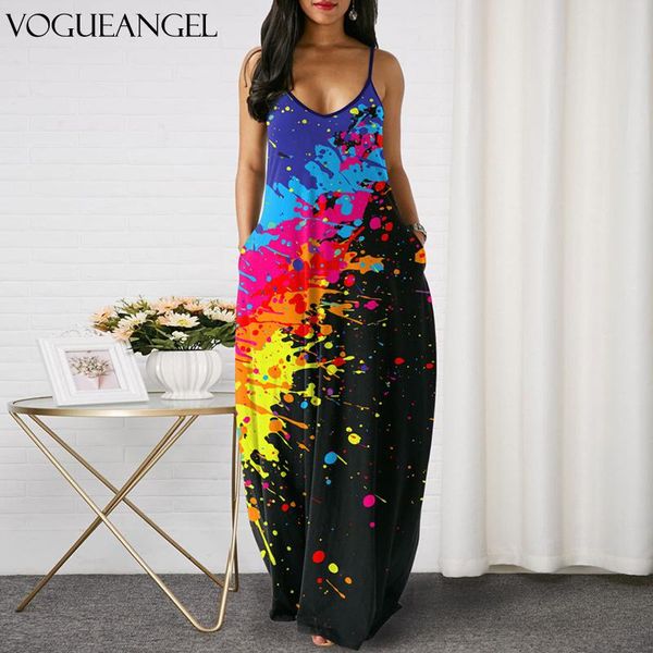 

casual dresses fashion print summer dress boho beach women v-neck sleeveless pocket plus size long sling, Black;gray