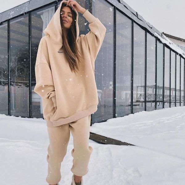 

women's two piece pants tracksuit fleece hooded set oversized hoodies jogger sets female 2021 autumn casual lady sportswear suit, White