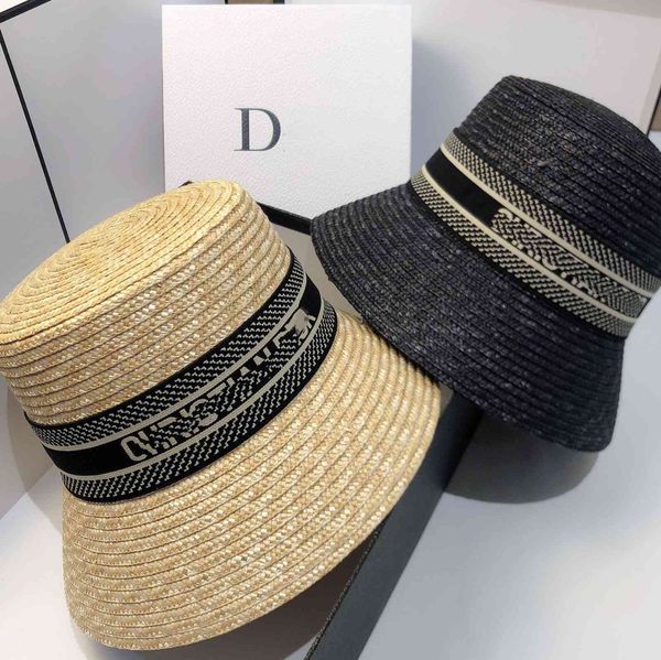 

star wheat straw flat basin hat for traveling in summer, Black;white