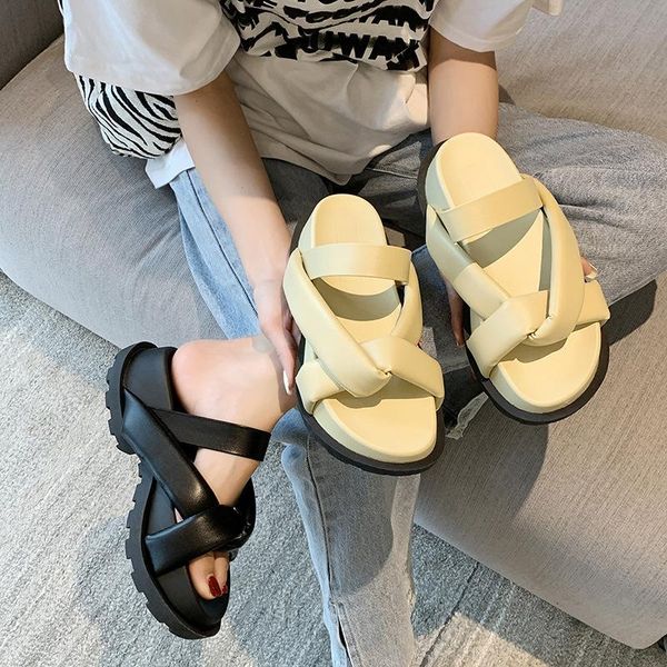 

slippers shoes women summer luxury slides low pantofle platform designer soft 2021 casual fabric hoof heels rome rubber pu, Black