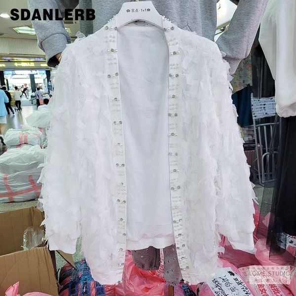 

spring trendy thin three-dimensional tassel mesh baggy coat female beaded cardigan women white long sleeve jacket women's jackets, Black;brown
