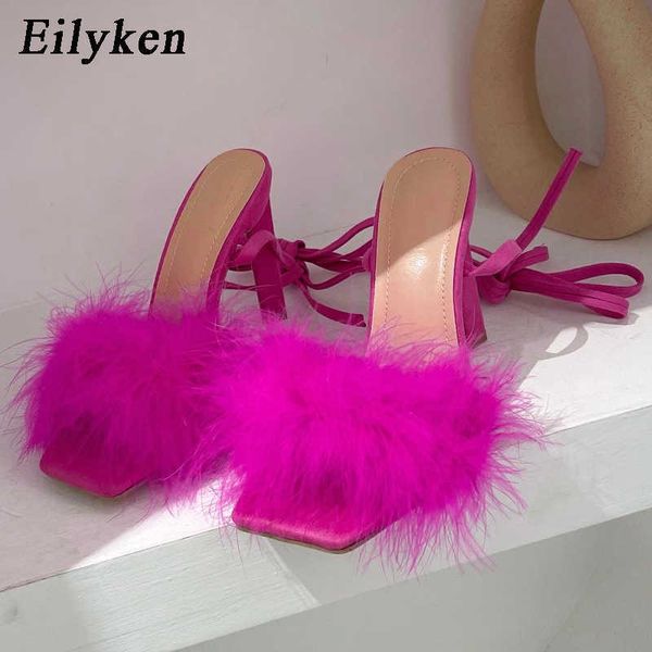 

2022 classic luxury feather lace up women sandals shoes square toe cross tied transparent high heels pumps stripper shoes paris designer, Black