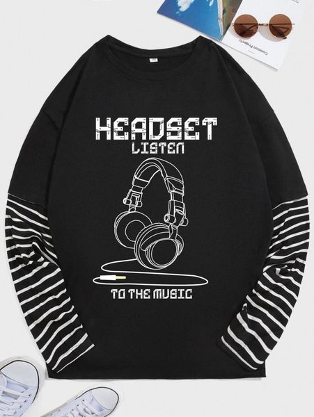 

romwe guys earphone letter graphic striped tee y3a8#, White;black