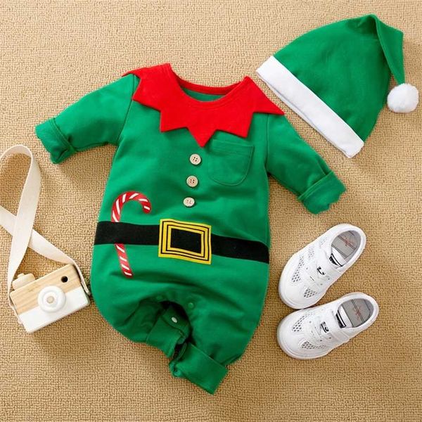 Baby-Weihnachtskostüm, grüner Strampler, für Kinder, Jungen, Mädchen, langärmelig, Overalls + Hüte, 2 Stück, Oberbekleidung, Kleidung für geborene Kinder im Alter von 0–24 Monaten 211229