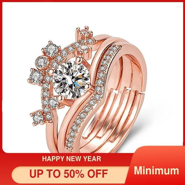 

wedding rings -selling inlaid ornament open rose gold plated crown ring set zircon three-piece double-layer, Slivery;golden