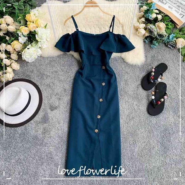 

party dress solid buttons vestidos slash neck off shoulder summer dress women ruffles bodycon dresses 210521, Black;gray