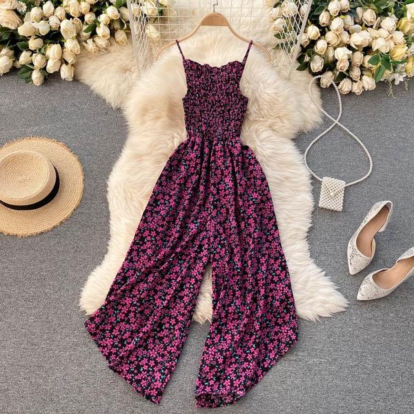 

women's jumpsuits & rompers women summer spaghetti strap sleeveless romper 2021 chic boho style floral print pleated elastic casual bea, Black;white