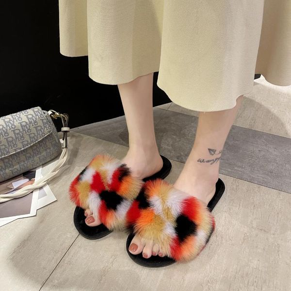 

slippers faux fur slides for women winter fluffy house female shoes woman with pom pon furry, Black