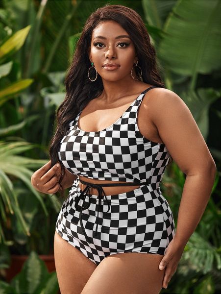 

plus checkered tie front one piece swimsuit a8f8#, Black