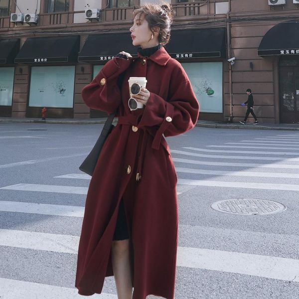 

women's wool & blends winter korean woolencoat long loose thick coat female, Black