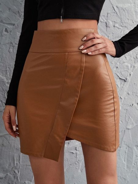 

faux leather asymmetrical hem skirt p8bm#, Black