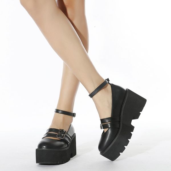 

sandals 2021 spring summer women pumps fashion ankle strap buckle platform wedges gothic chunky shoes punk creepers female casual, Black