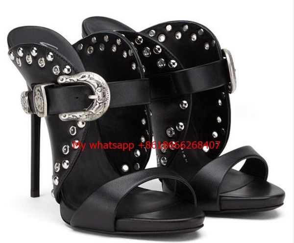

buckle straps high heels sandals women open toe concise dress black leather thin 12cm pumps size 35-43 shoes
