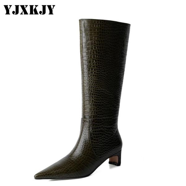 

boots yjxkjy natural genuine leather women's pointed toe knee-high for women chunky heel ladies crocodile pattern shoes, Black