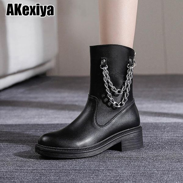 

boots 2021 metal chains chunky platform women's round toe women winter black bc1496