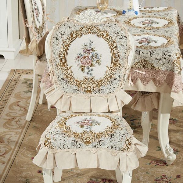 

chair covers european luxury chenille dining room non-slip jacquard floral lace seat cushion backrest cover set beige blue