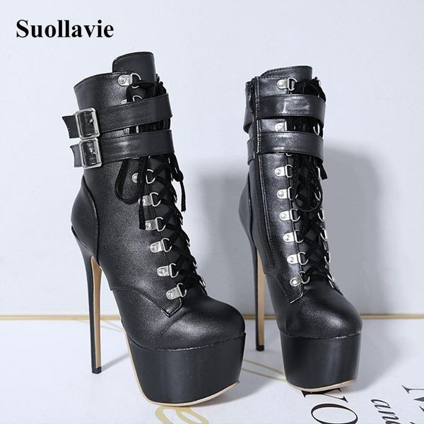 

boots suollavie winter autumn women round toe ankle platform lady thin high heel buckle riding punk party dress shoes, Black