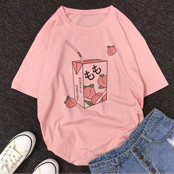 

women's t-shirt cartoon peach juice japanses aesthetic grunge t shirt women harajuku cute kawaii pink summer casual tumblr outfit fashi, White
