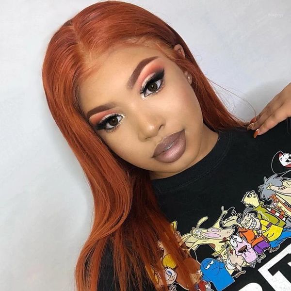 

middle part lace front wigs orange ginger brazilian silk straight hair wig glueless remy human 150% for black women1, Black;brown