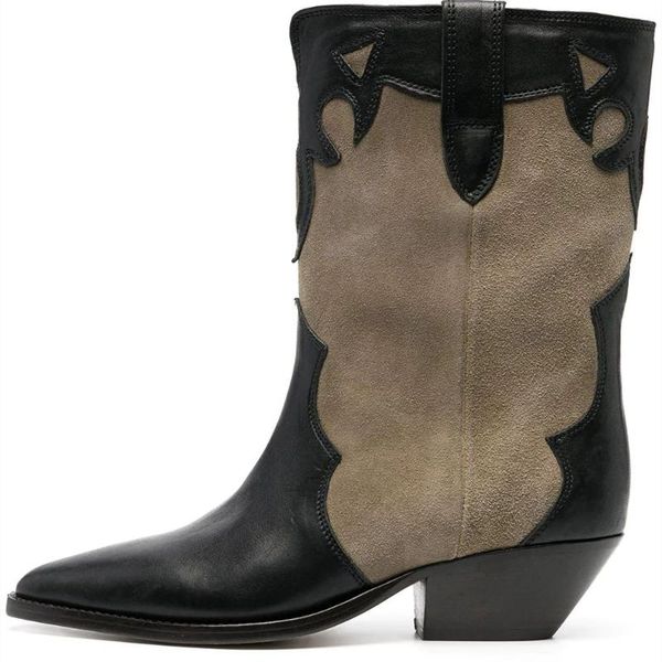 

boots genuine leather motorcycle embroidered boot pointed toe thick heels shoes woman winter lady mixed colors mid-calf pumps 43, Black
