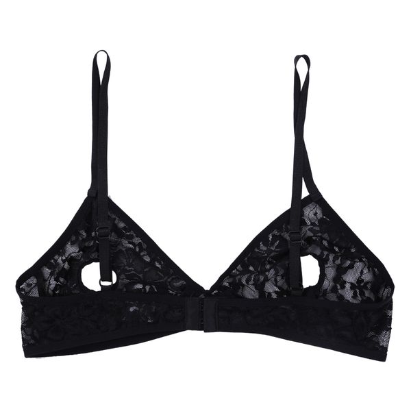 

women lingerie sheer lace floral open nipples bra wire-unlined triangle cup hollow out straps bralette vest, Black;white