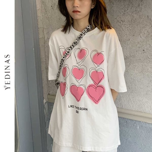 Yedinas Harajuku Love Print Weiße T-Shirts Frauen Baumwolle Oversize Süßes T-Shirt Koreanischer Stil Lose High Street Y2k E Girl T-Shirt Top 210527