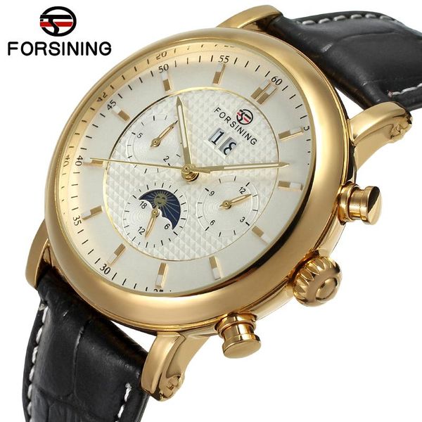 

wristwatches forsinng three eye six pin automatic mechanical watch calendar black circular belt men's, Slivery;brown