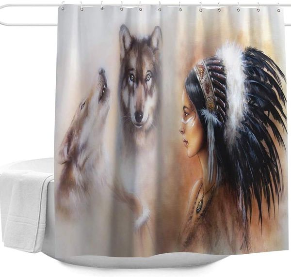 

extra long wolves & woman decorative shower curtain sets polyester fabric machine washable waterproof bathroom curtain with