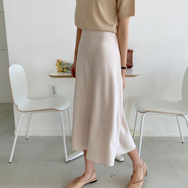 

skirts korean casual women silk skirt elegant satin long office lady high waist bodycon faldas mujer moda, Black