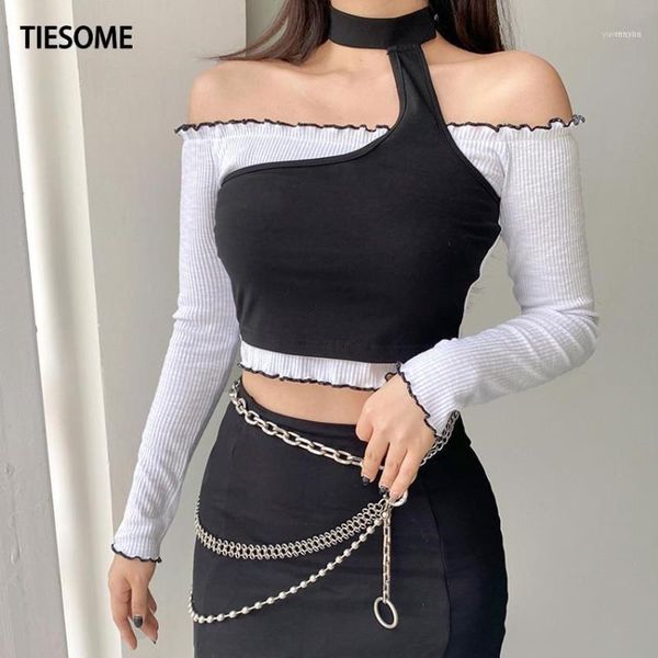 

slash neck long sleeve fake two pieces women t shirts halter patchwork off the shoulder tee femme short female1, White