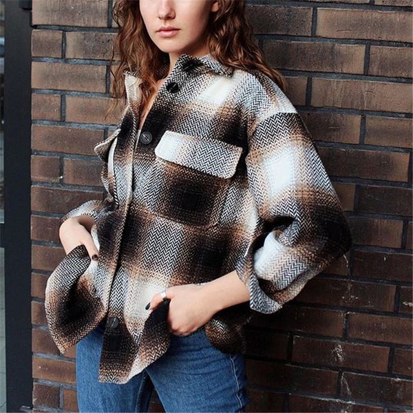 

stylish pockets oversized plaid jacket coat plus size lapel collar long sleeve loose female coat female outwear causal 210430, Black;brown