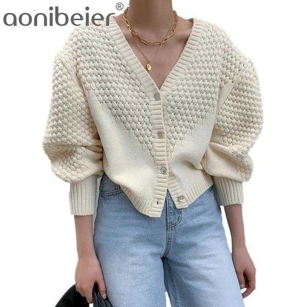 

elegant korean v neck puff sleeve knitted coat cardigan women autumn winter solid patterns sweater cardigans 210604, White