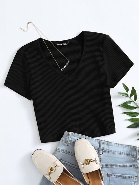 

plus rib-knit crop tee t0ay#, Black