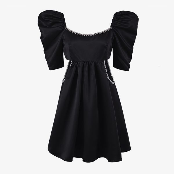

dresses patchwork diamond black for women square collar sleeve high waist hollow out midi es female fashion, Black;gray