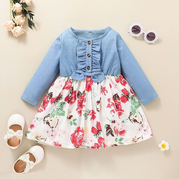 

children's long sleeve dress 2021 new casual girls' printed princess baby skirt, Red;yellow