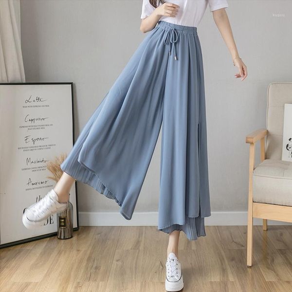 

women wide leg pants solid color lace-up pant korean style loose leisure high waists female spring chiffon trousers q02 women's & capri, Black;white