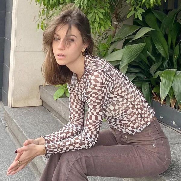 

women's street plaid print see-through thin mesh t-shirt, White