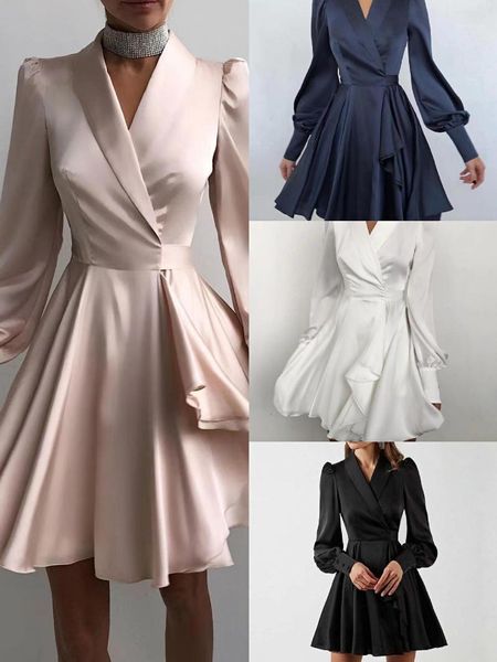 

casual dresses 2021 spring fashion waist satin v-neck lantern sleeve french temperament short skirt women, Black;gray