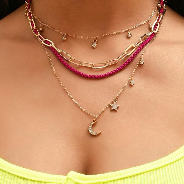 

pendant necklaces boho gold color crystal star moon rose red chunky chain layered necklace for women girl metal multilayer collares, Silver