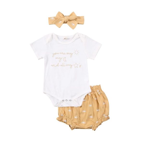 

0-18m sweet infant baby girl clothing letter short sleeve romper sun print triangle shorts+headband soft cotton outfits sets, White