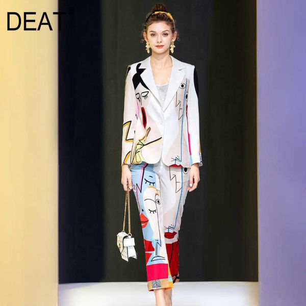 

[deat] spring summer fashion long sleeve v-neck single button blazer printing pencil pants women suit 13c522 210527, White