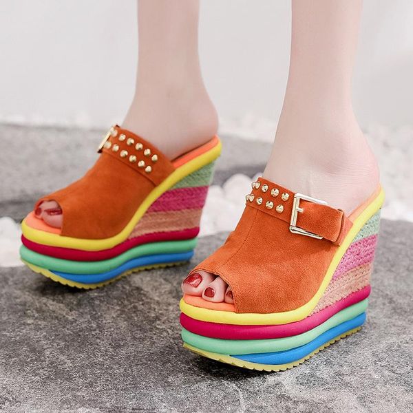 

on a wedge multicolored sandals shoes woman's slippers slides heeled mules platform 2021 high pumps rubber fabric pu super, Black